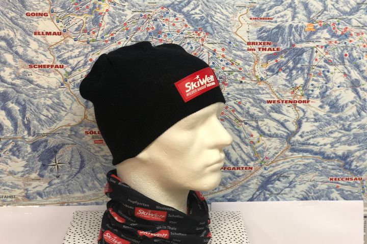 Schlauchtuch SkiWelt mit Motiv: Piste Jochstubn Hütte Bergkette Wilder Kaiser schwarz weiß