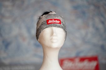 Draw Lux Crystal hat with fur pom-pom, grey and white, mountain motif, SkiWelt